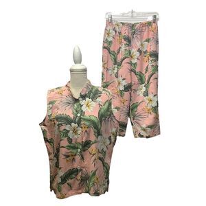 Hawaii 2pc Shirt Capri Pants  Size M Cotton Pink Top Button‎ Elastic Waist Hula
